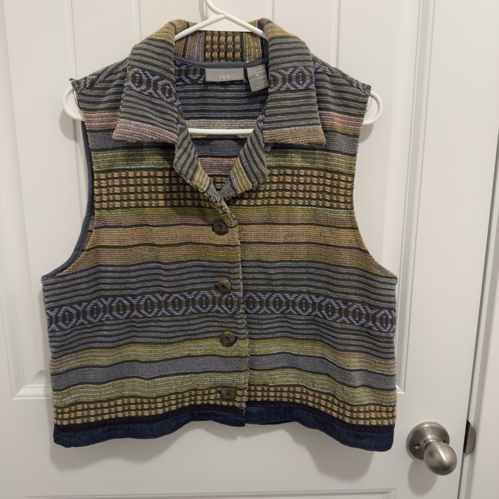 Ivy Women's Vintage Blue Multicolor‎ Stripe Tapestry Button Up Vest Size M